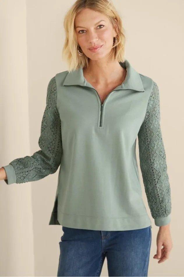 Women Crochet Sleeve French Terry Tunic Navy Soft Surroundings Tops Women Crochet Sleeve French Terry Tunic Navy Soft Surroundings Tops
