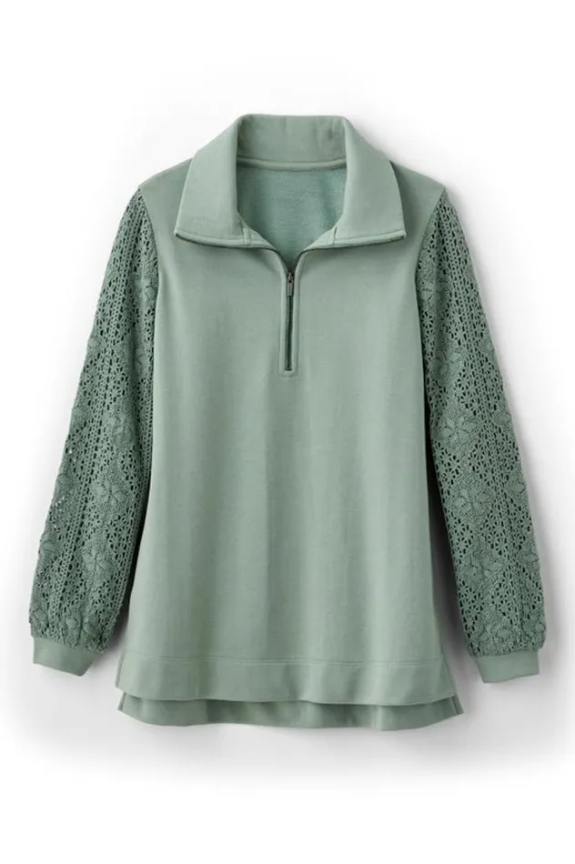 Women Crochet Sleeve French Terry Tunic Navy Soft Surroundings Tops Women Crochet Sleeve French Terry Tunic Navy Soft Surroundings Tops