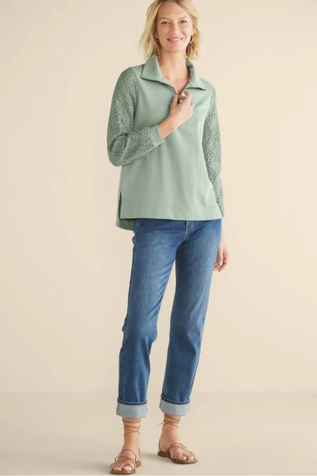 Women Crochet Sleeve French Terry Tunic Navy Soft Surroundings Tops Women Crochet Sleeve French Terry Tunic Navy Soft Surroundings Tops