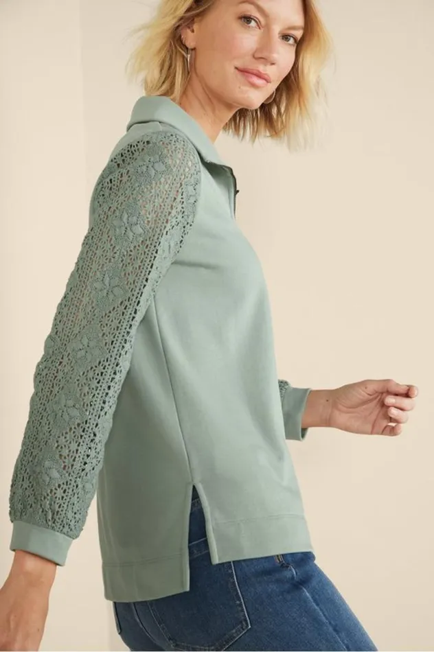 Women Crochet Sleeve French Terry Tunic Navy Soft Surroundings Tops Women Crochet Sleeve French Terry Tunic Navy Soft Surroundings Tops