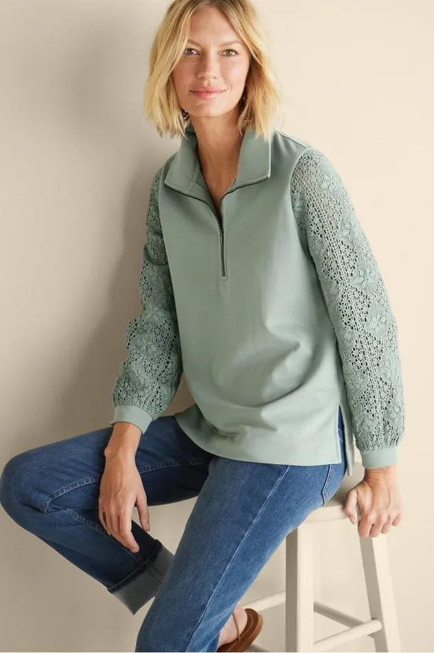 Women Crochet Sleeve French Terry Tunic Navy Soft Surroundings Tops Women Crochet Sleeve French Terry Tunic Navy Soft Surroundings Tops