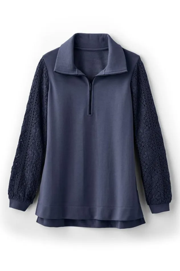 Women Crochet Sleeve French Terry Tunic Navy Soft Surroundings Tops Women Crochet Sleeve French Terry Tunic Navy Soft Surroundings Tops