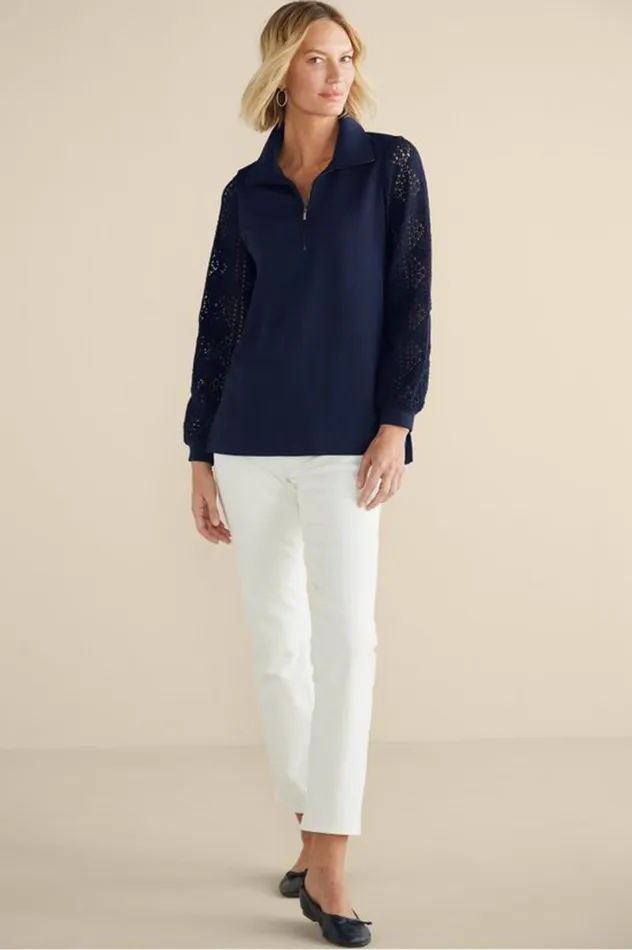 Women Crochet Sleeve French Terry Tunic Navy Soft Surroundings Tops Women Crochet Sleeve French Terry Tunic Navy Soft Surroundings Tops