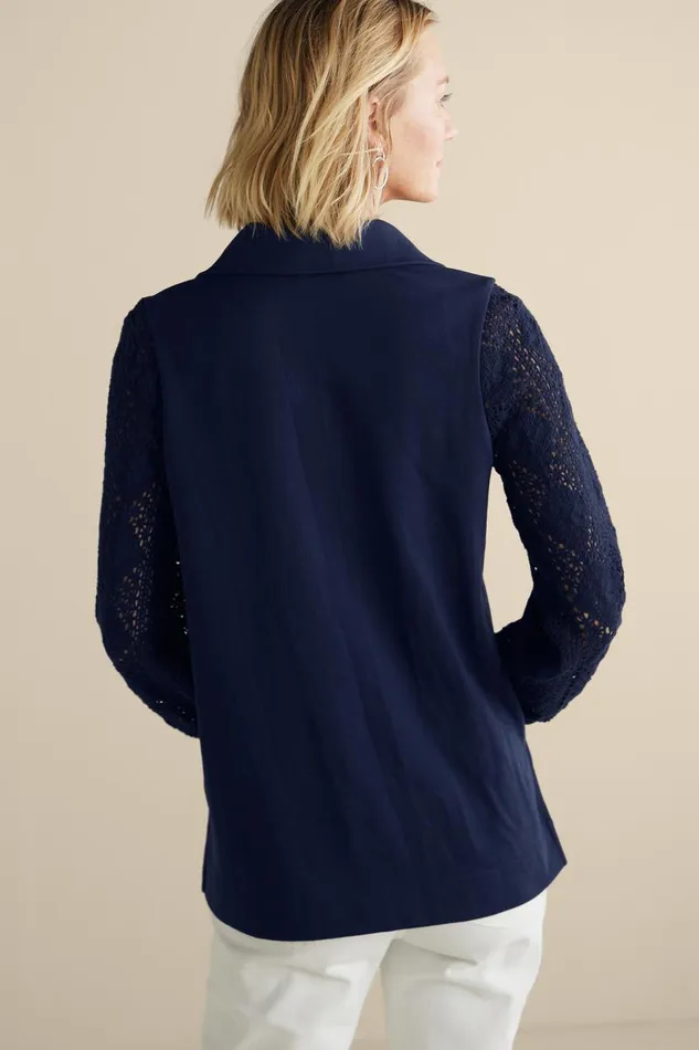 Women Crochet Sleeve French Terry Tunic Navy Soft Surroundings Tops Women Crochet Sleeve French Terry Tunic Navy Soft Surroundings Tops