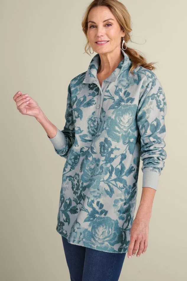Women Cuddle Pullover Rose Garden Blue Soft Surroundings Tops