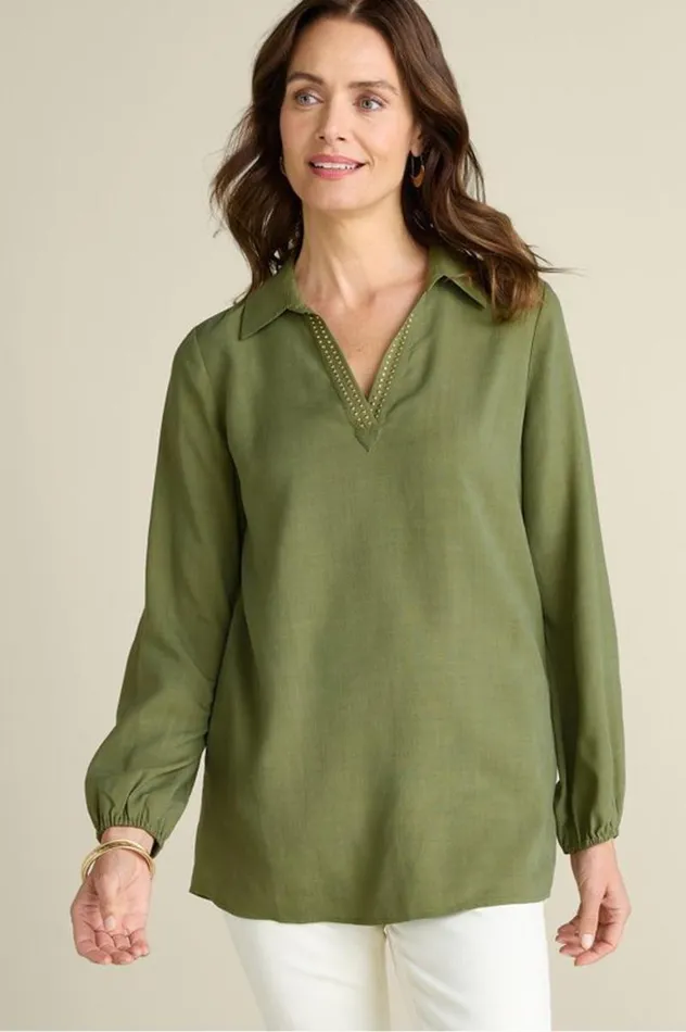 Women Delaine Tencel Tunic Loden Green Soft Surroundings Tops