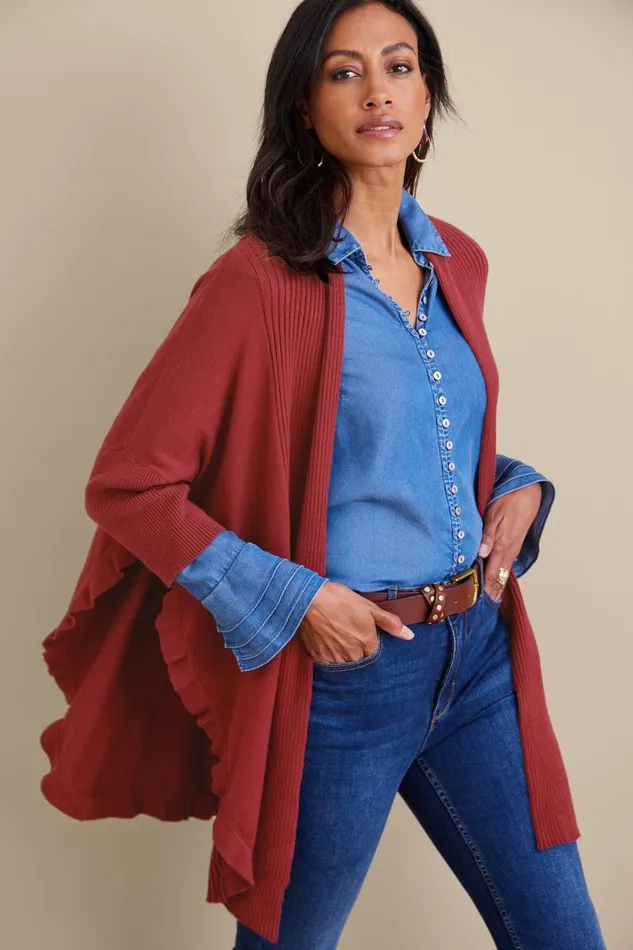Women Draped Ruffle Cardigan Cabernet Soft Surroundings Tops Women Draped Ruffle Cardigan Cabernet Soft Surroundings Tops