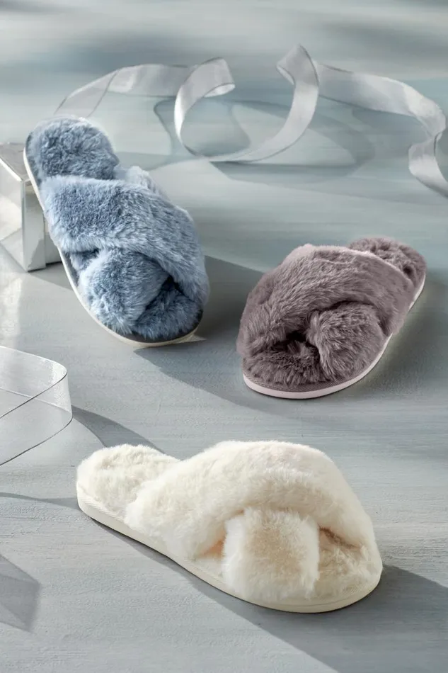 Women Dreama Faux Fur Cross Band Slippers Cream Soft Surroundings Shoes
