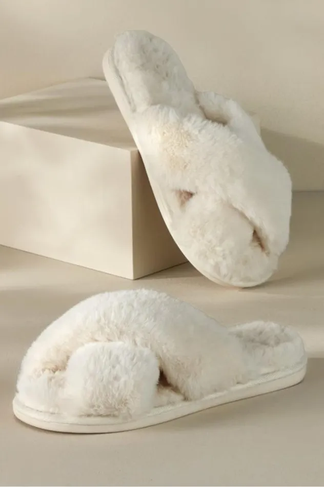 Women Dreama Faux Fur Cross Band Slippers Cream Soft Surroundings Shoes Women Dreama Faux Fur Cross Band Slippers Cream Soft Surroundings Shoes