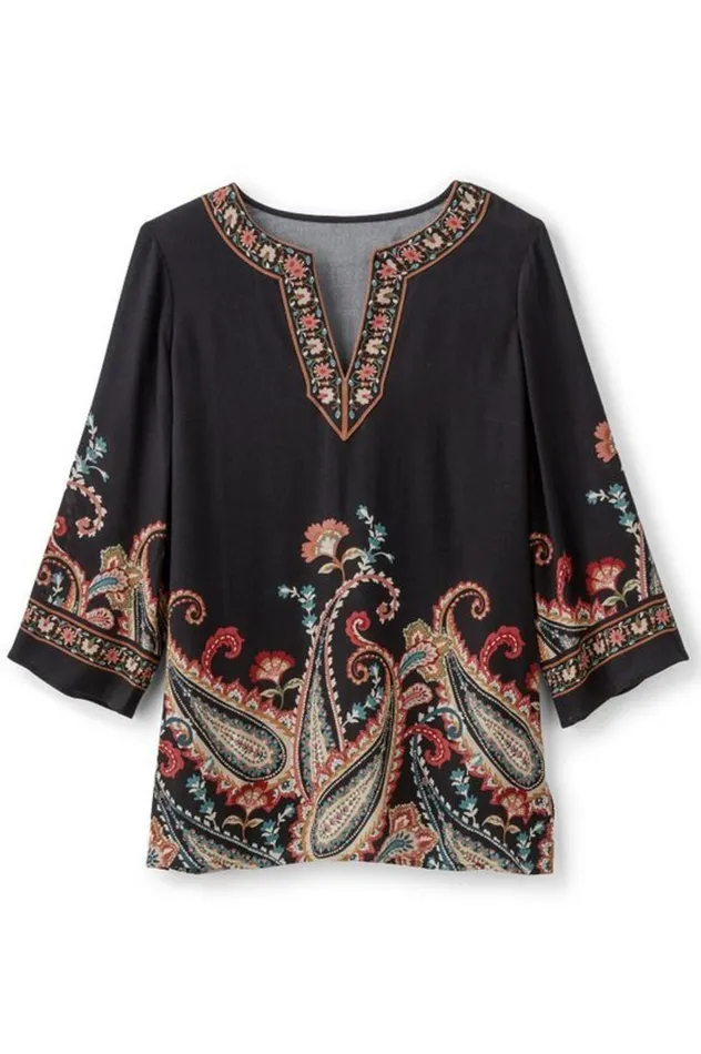 Women Elma 34 Sleeve Tunic Cascading Brder Soft Surroundings Tops Women Elma 34 Sleeve Tunic Cascading Brder Soft Surroundings Tops