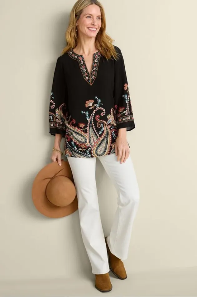 Women Elma 34 Sleeve Tunic Cascading Brder Soft Surroundings Tops Women Elma 34 Sleeve Tunic Cascading Brder Soft Surroundings Tops