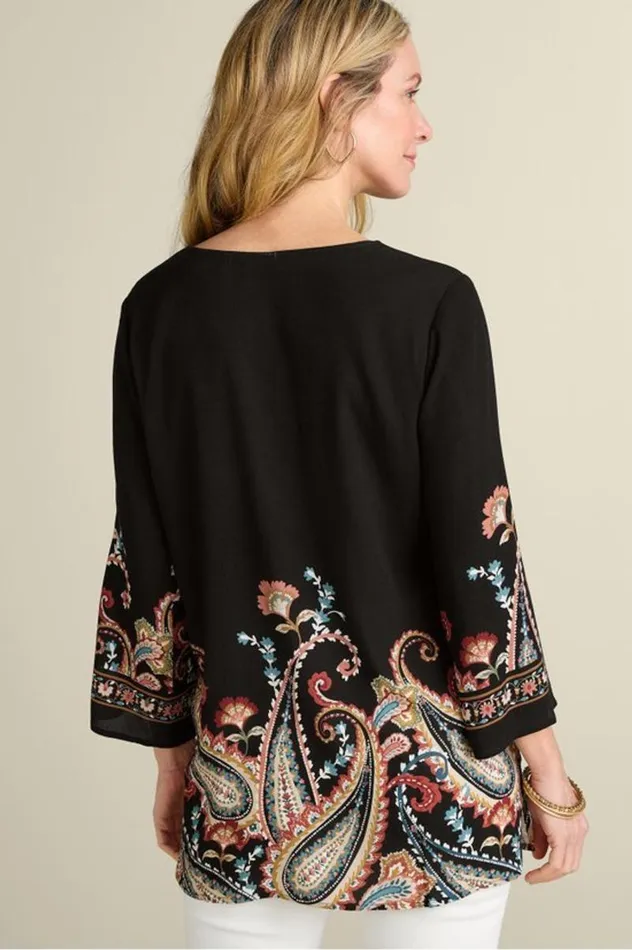 Women Elma 34 Sleeve Tunic Cascading Brder Soft Surroundings Tops Women Elma 34 Sleeve Tunic Cascading Brder Soft Surroundings Tops