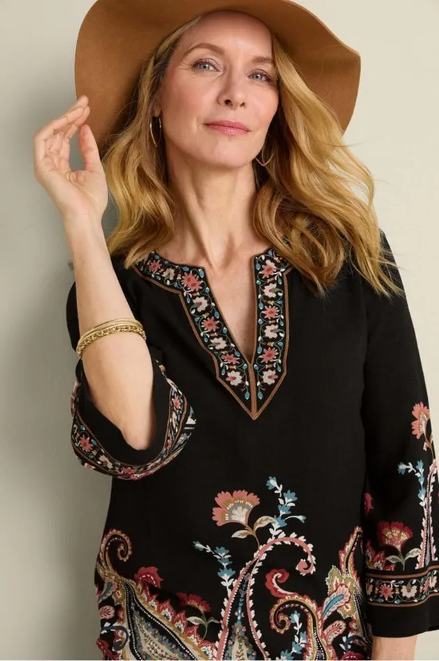 Women Elma 34 Sleeve Tunic Cascading Brder Soft Surroundings Tops Women Elma 34 Sleeve Tunic Cascading Brder Soft Surroundings Tops