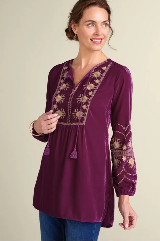 Women Evelyne Embroidered Velvet Tunic Magenta Purple Soft Surroundings Tops