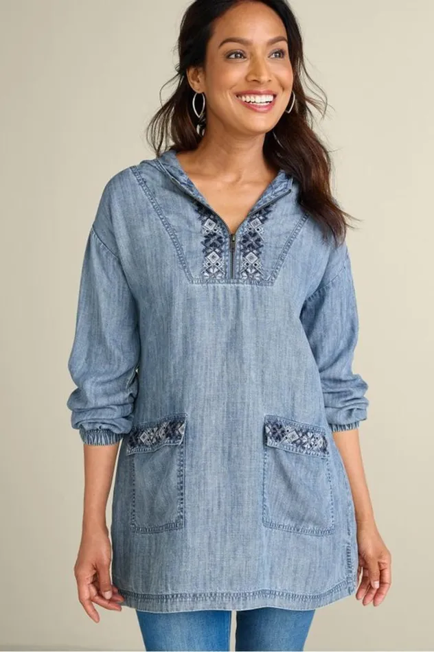 Women Evie Embroidered Tencel Hoodie Washed Blue Soft Surroundings Tops