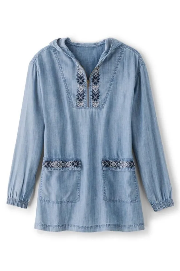 Women Evie Embroidered Tencel Hoodie Washed Blue Soft Surroundings Tops Women Evie Embroidered Tencel Hoodie Washed Blue Soft Surroundings Tops