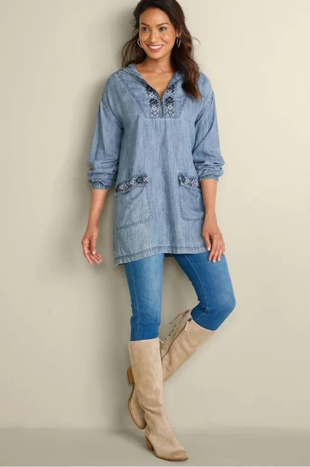 Women Evie Embroidered Tencel Hoodie Washed Blue Soft Surroundings Tops Women Evie Embroidered Tencel Hoodie Washed Blue Soft Surroundings Tops