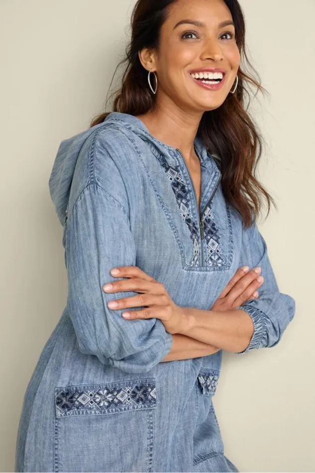 Women Evie Embroidered Tencel Hoodie Washed Blue Soft Surroundings Tops Women Evie Embroidered Tencel Hoodie Washed Blue Soft Surroundings Tops