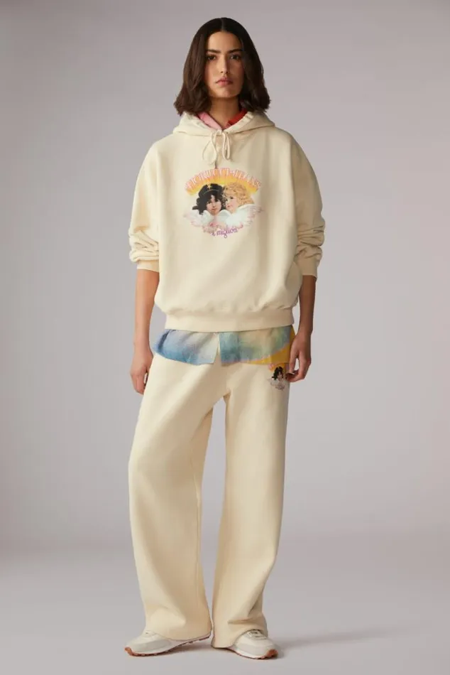 Women Fiorucci Angels Jeans Logo Hoodie Cream Cream