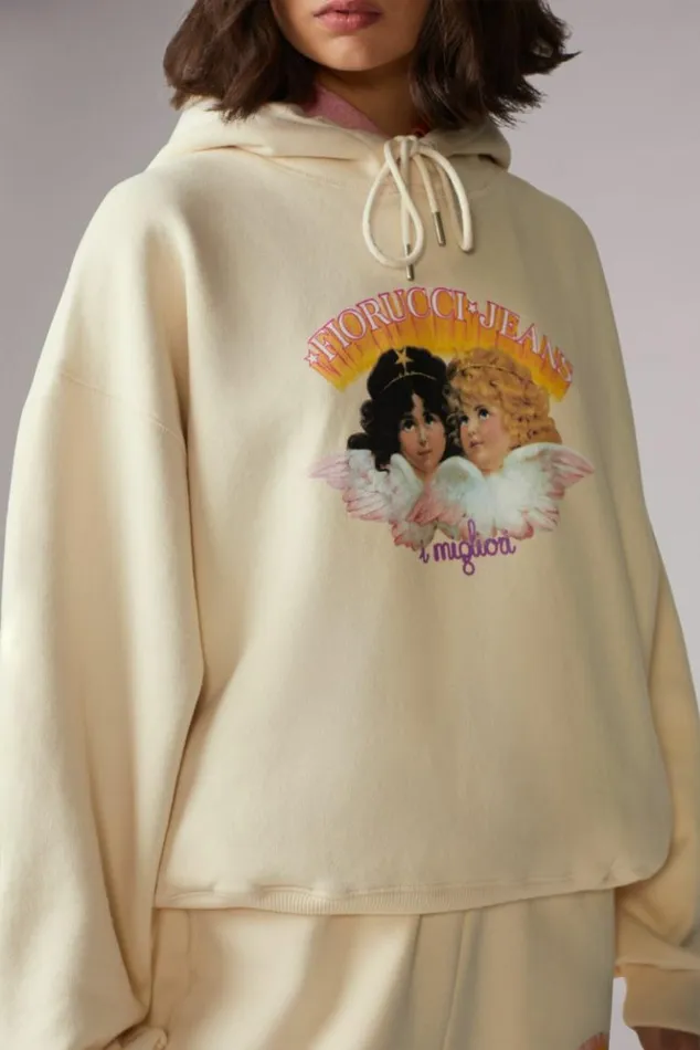 Women Fiorucci Angels Jeans Logo Hoodie Cream Cream Women Fiorucci Angels Jeans Logo Hoodie Cream Cream