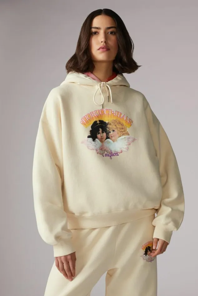 Women Fiorucci Angels Jeans Logo Hoodie Cream Cream Women Fiorucci Angels Jeans Logo Hoodie Cream Cream
