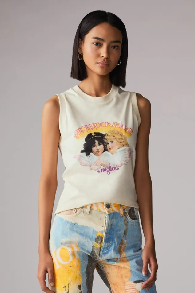 Women Fiorucci Angels Jeans Logo Vest Top Cream Off White Women Fiorucci Angels Jeans Logo Vest Top Cream Off White