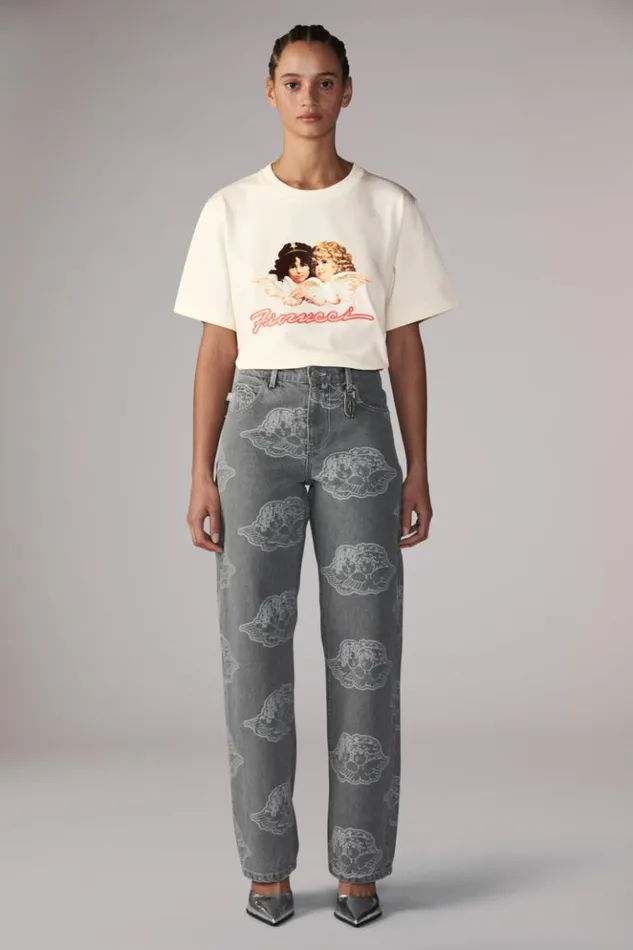 Women Fiorucci Angels Squiggle Logo TShirt Cream Cream