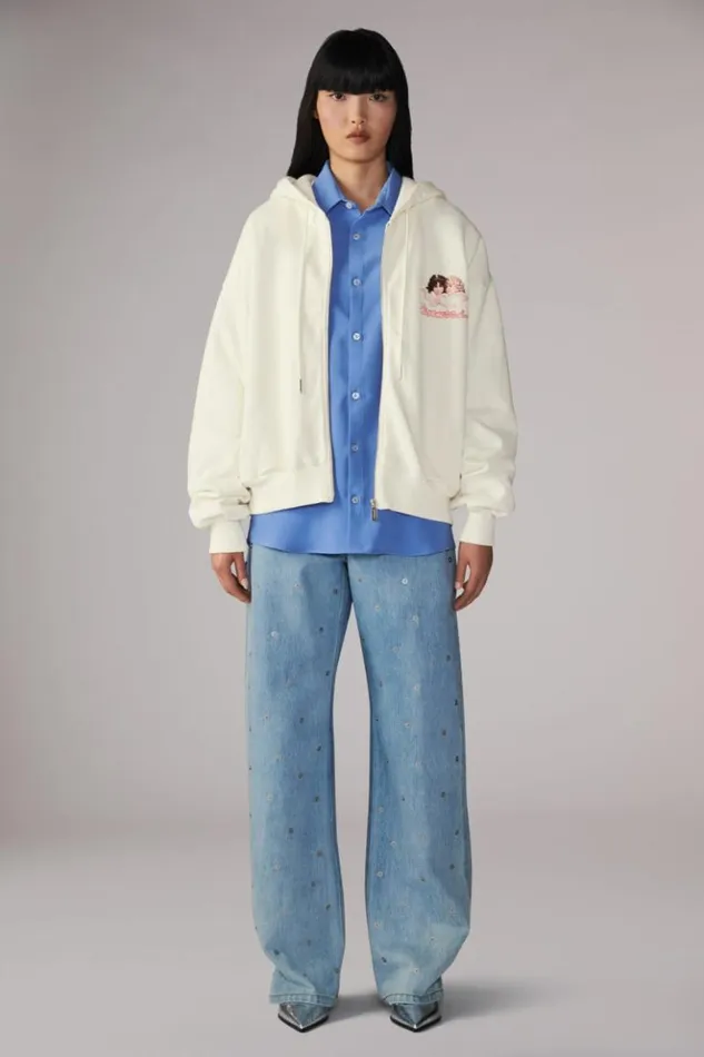 Women Fiorucci Angels Squiggle Logo ZipUp Hoodie Cream Cream