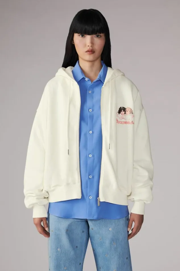 Women Fiorucci Angels Squiggle Logo ZipUp Hoodie Cream Cream Women Fiorucci Angels Squiggle Logo ZipUp Hoodie Cream Cream