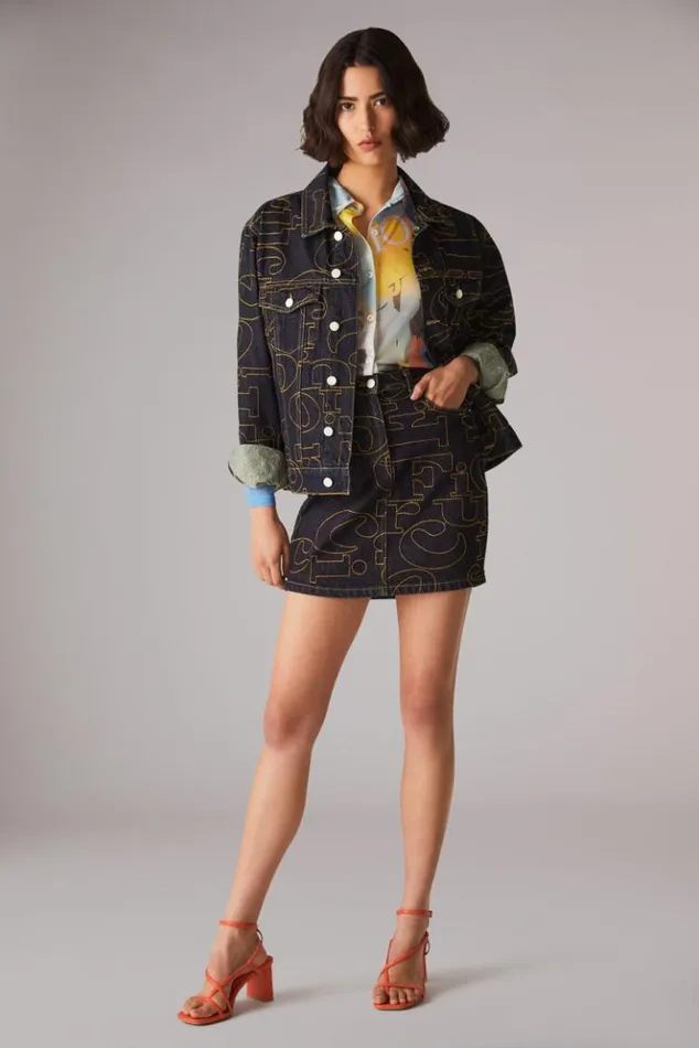 Women Fiorucci Embroidered Logo Denim Mini Skirt Blue Blue