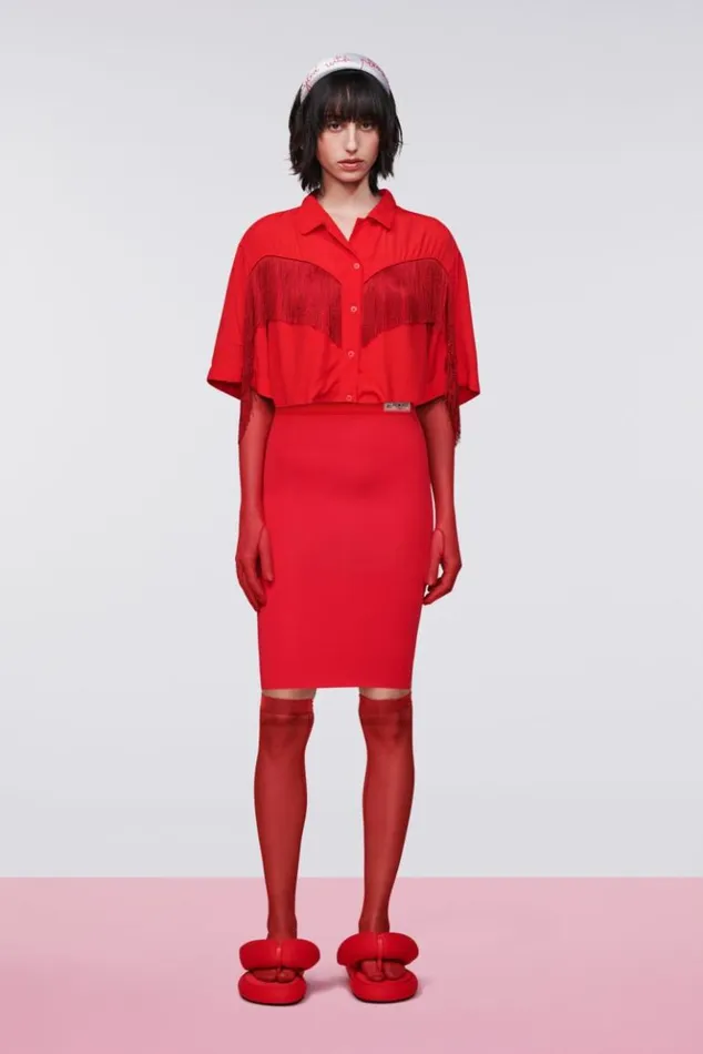 Women Fiorucci Fringe Crop Shirt Red Red