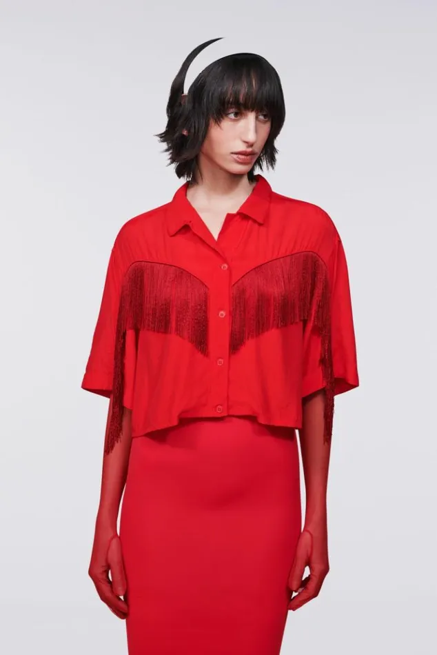 Women Fiorucci Fringe Crop Shirt Red Red Women Fiorucci Fringe Crop Shirt Red Red