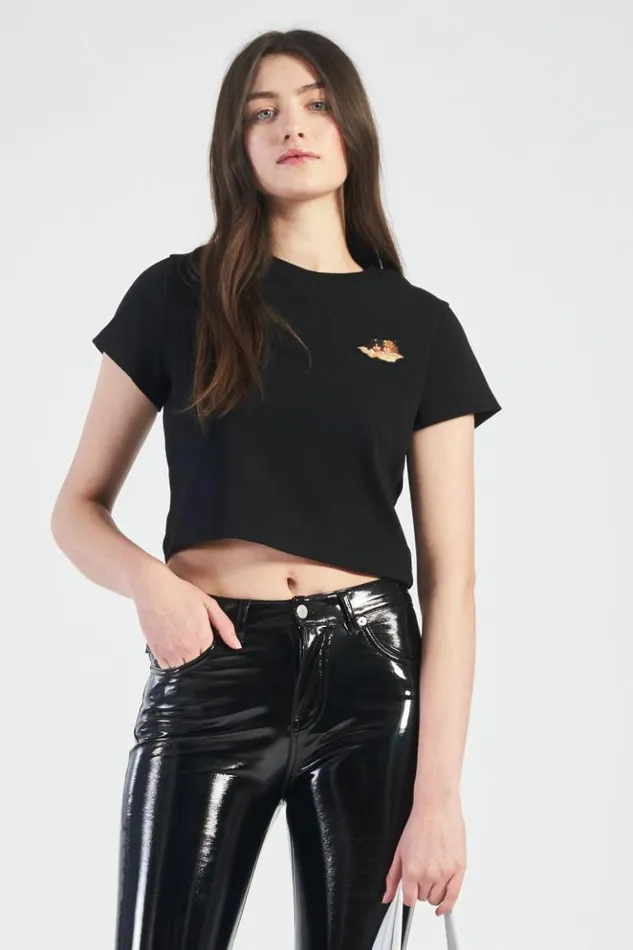 Women Fiorucci Icon Angels Ribbed Crop TShirt Black Black