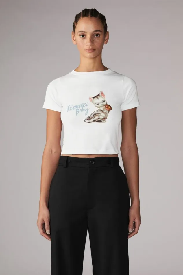 Women Fiorucci Logo Kitten Baby TShirt White White Women Fiorucci Logo Kitten Baby TShirt White White