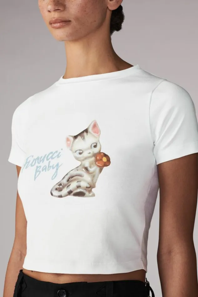 Women Fiorucci Logo Kitten Baby TShirt White White Women Fiorucci Logo Kitten Baby TShirt White White
