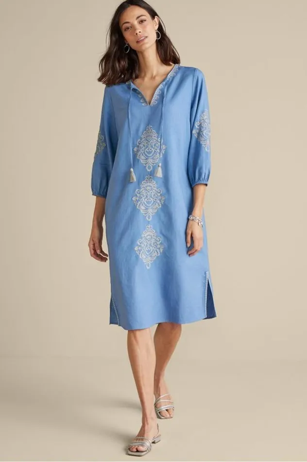 Women Hasana Linen Blend Midi Dress Riverside Blue Soft Surroundings Dresses