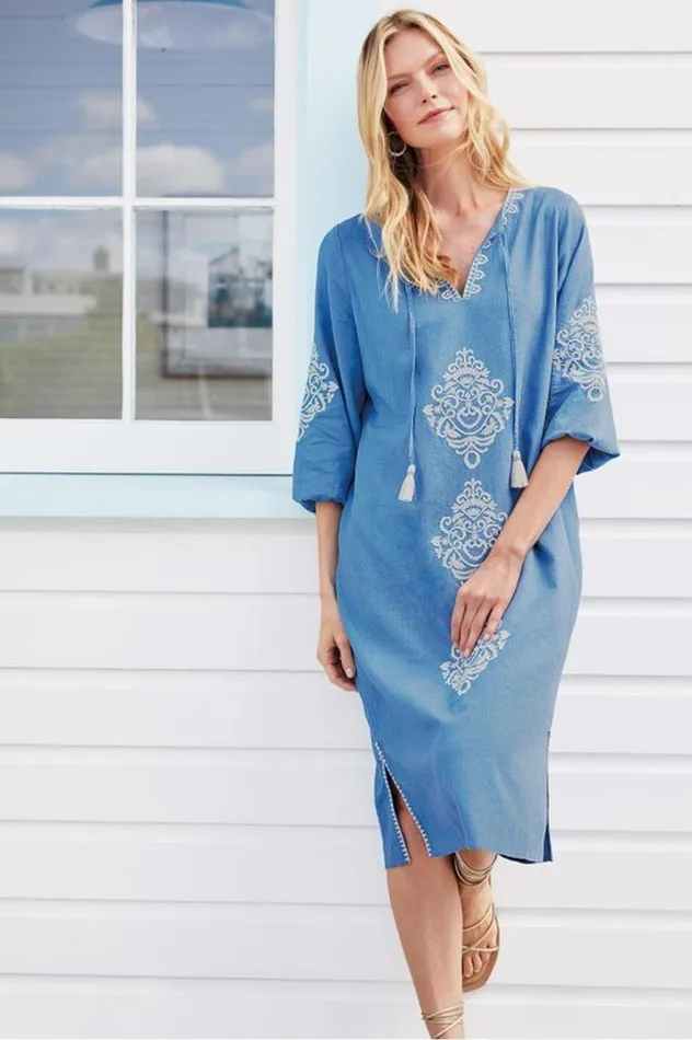 Women Hasana Linen Blend Midi Dress Riverside Blue Soft Surroundings Dresses Women Hasana Linen Blend Midi Dress Riverside Blue Soft Surroundings Dresses