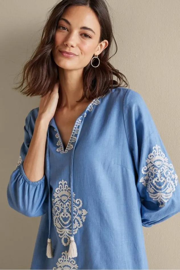Women Hasana Linen Blend Midi Dress Riverside Blue Soft Surroundings Dresses Women Hasana Linen Blend Midi Dress Riverside Blue Soft Surroundings Dresses