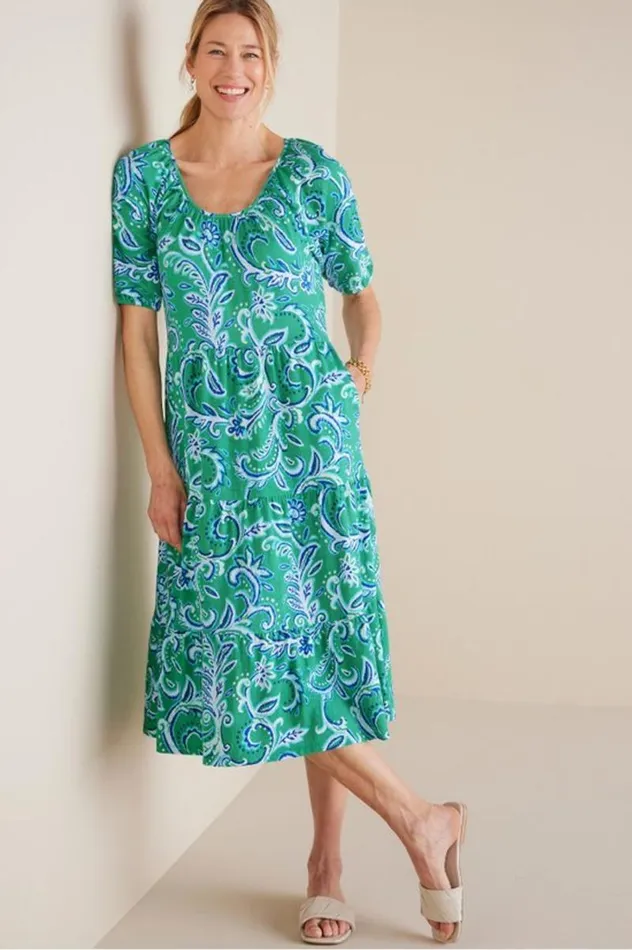 Women Ilana Midi Dress Green Leaf Ikat Soft Surroundings Dresses