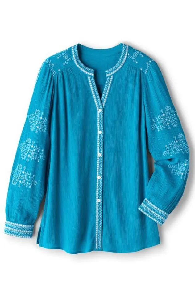Women Imane Gauze Tunic Blue Danube Soft Surroundings Tops Women Imane Gauze Tunic Blue Danube Soft Surroundings Tops