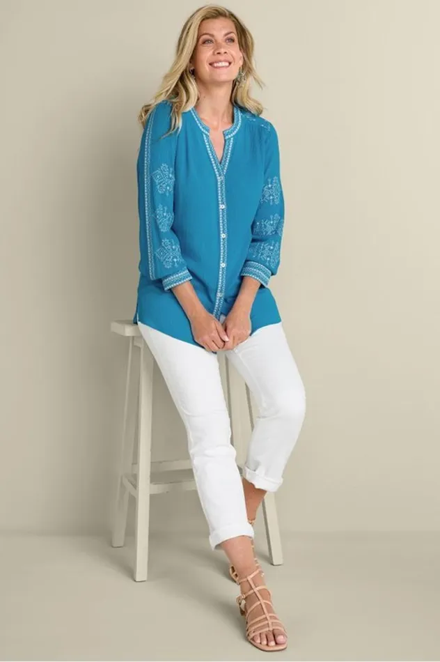 Women Imane Gauze Tunic Blue Danube Soft Surroundings Tops Women Imane Gauze Tunic Blue Danube Soft Surroundings Tops