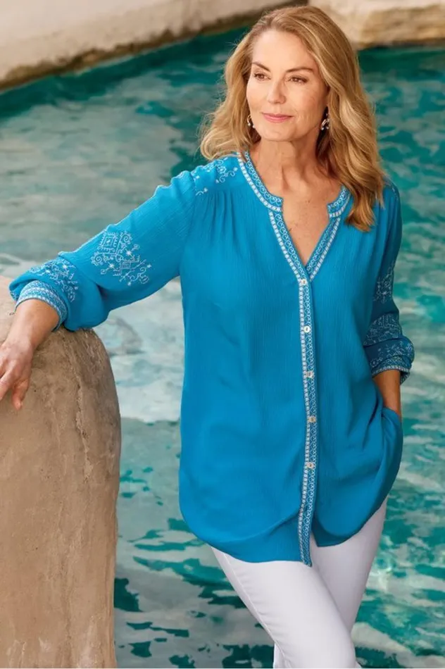 Women Imane Gauze Tunic Blue Danube Soft Surroundings Tops Women Imane Gauze Tunic Blue Danube Soft Surroundings Tops