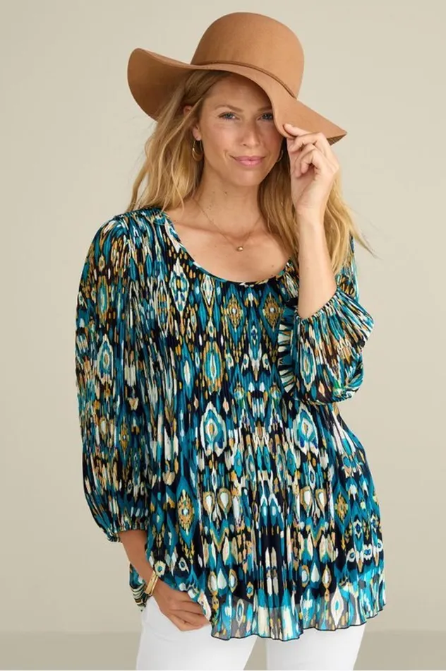 Women Imrie 34 Sleeve Tunic Menara Ikat Blue Soft Surroundings Tops