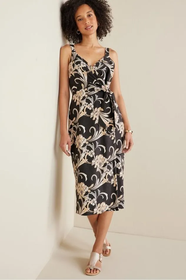 Women Isla Stretch Linen Midi Dress Golden Botanicals Soft Surroundings Dresses Women Isla Stretch Linen Midi Dress Golden Botanicals Soft Surroundings Dresses