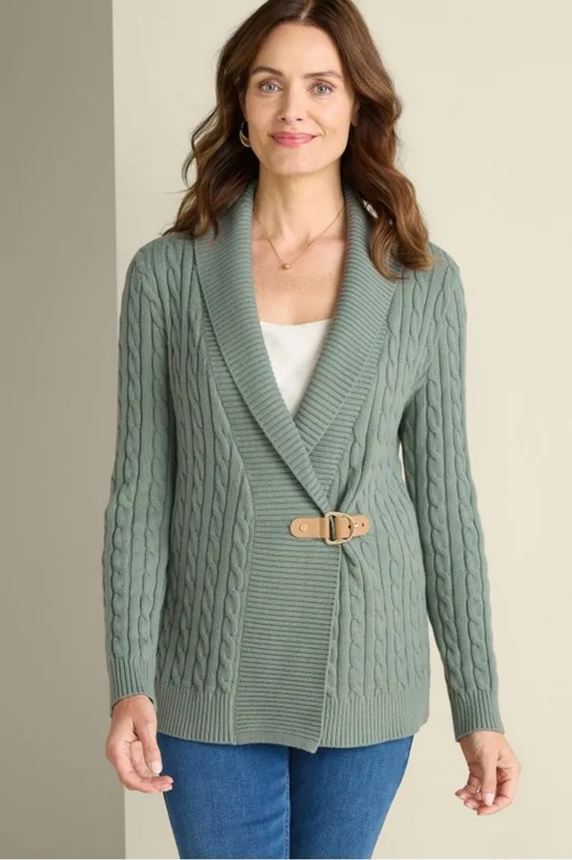 Women Ivey Cable Knit Cardigan Agave Green Soft Surroundings Tops