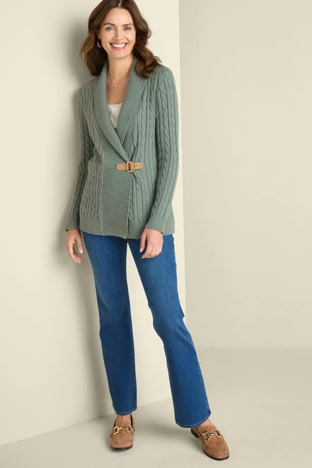 Women Ivey Cable Knit Cardigan Agave Green Soft Surroundings Tops Women Ivey Cable Knit Cardigan Agave Green Soft Surroundings Tops