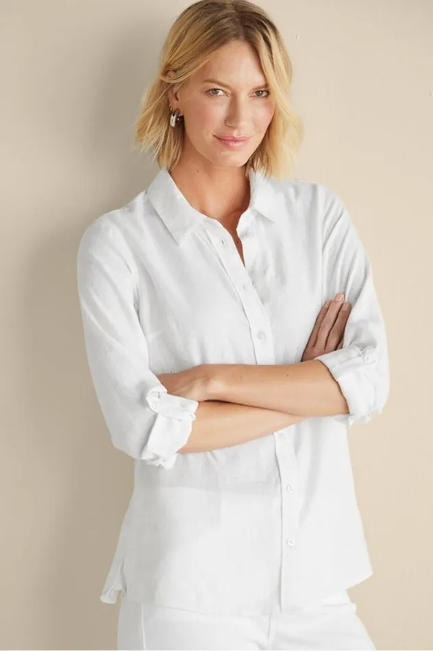 Women Jordan Linen Blend Shirt White Soft Surroundings Tops