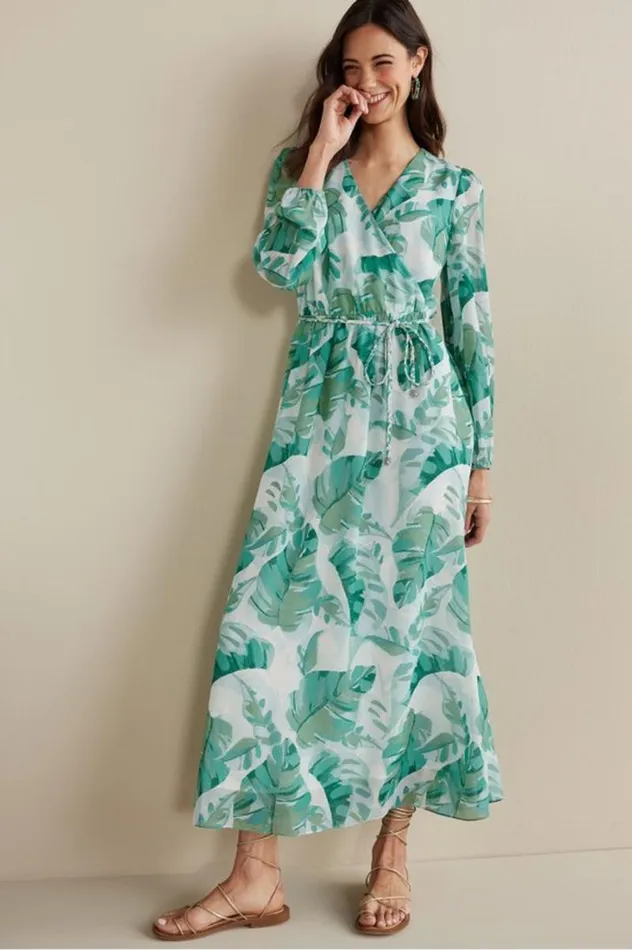 Women Kaia Maxi Dress Green Tropical Palm Soft Surroundings Dresses