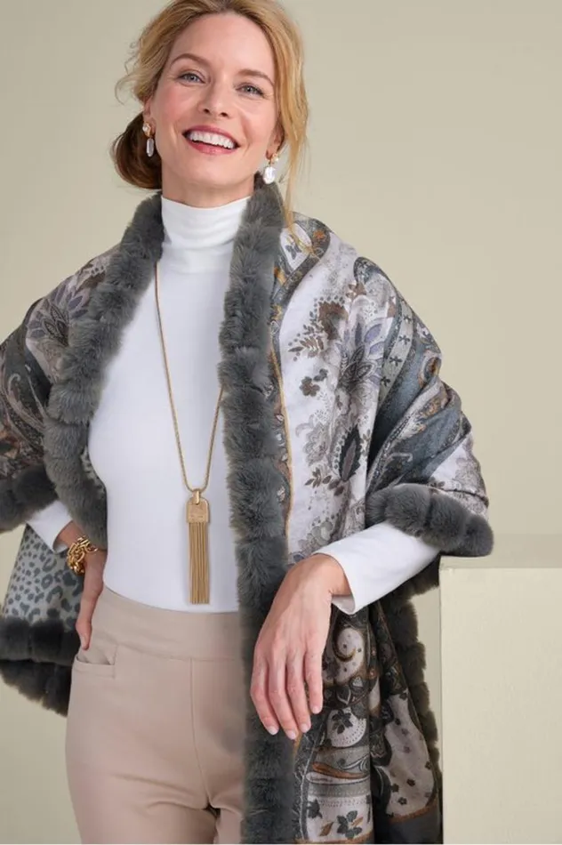 Women Katya Faux Fur Trim Wrap Scarf Gray Soft Surroundings Scarves and Wraps Women Katya Faux Fur Trim Wrap Scarf Gray Soft Surroundings Scarves and Wraps