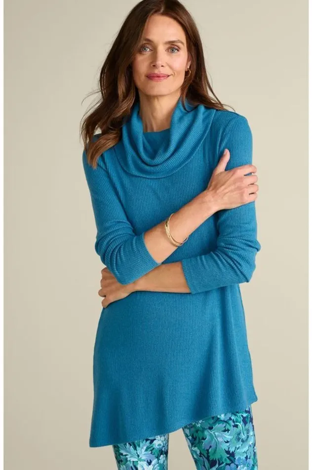 Women Kayla Rib Knit Cowl Neck Tunic Black Soft Surroundings Tops